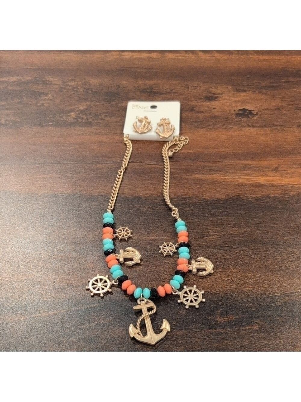 Anchor and Wheel Necklace Set - Turquoise & Coral colors , approximately 17" New